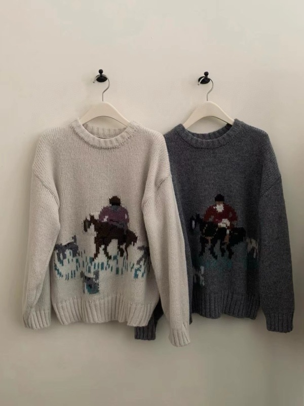 Autumn and winter new Korean retro knight war horse round neck pullover sweater thickened loose slimming sweater for women