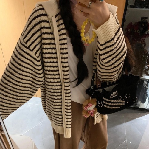 Hooded striped sweater jacket for women in autumn and winter chic lazy knitted cardigan top