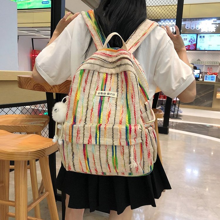 Dopamine rainbow striped large-capacity backpack female personality junior high school student college student backpack casual versatile school bag