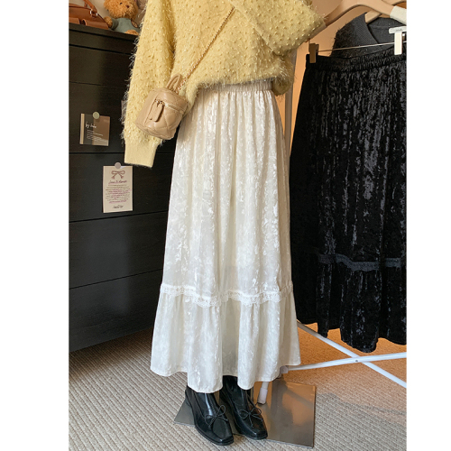 Winter thick soft velvet skirt sweet long skirt elastic waist lace skirt