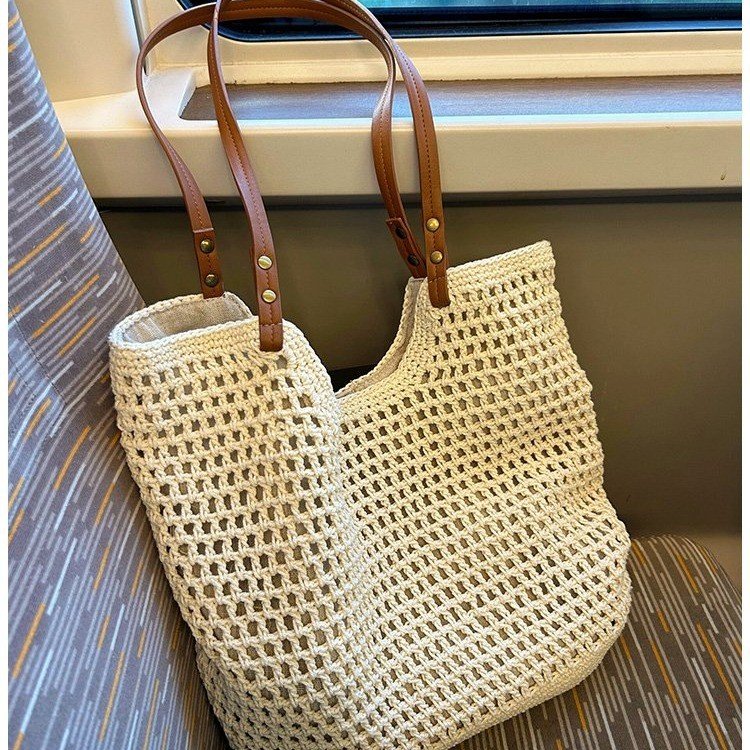 Cotton woven bag seaside beach vacation large capacity shoulder bag niche design hollow tote women's bag