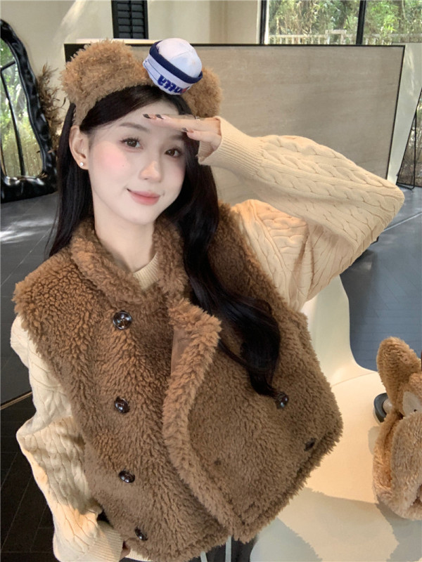 Large size Korean double-breasted lamb fur one-piece thickened warm stacking vest