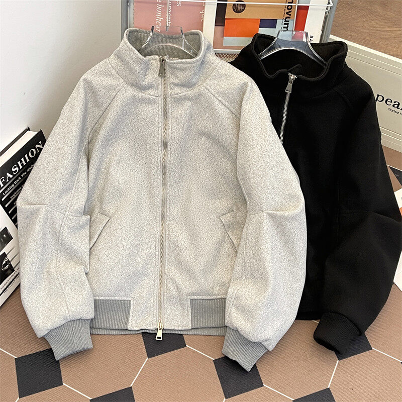Winter trendy high street casual double pull-up loose stand-up collar woolen cotton coat