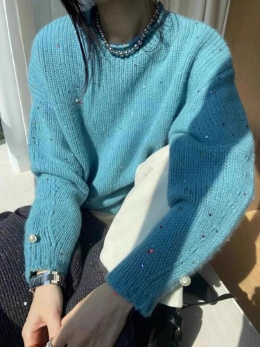 Heavy industry, high-end and super good-looking lake blue sequined beaded knitted sweater jacket for women 2024 new autumn and winter