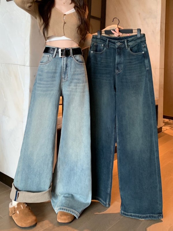 Winter new style velvet thickened off-season light-color basic denim wide-leg pants