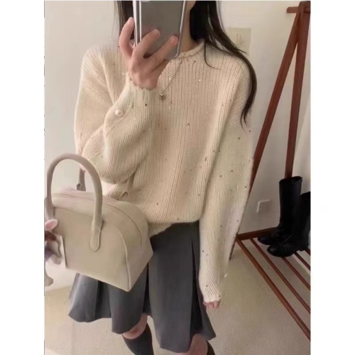 Heavy industry, high-end and super good-looking lake blue sequined beaded knitted sweater jacket for women 2024 new autumn and winter