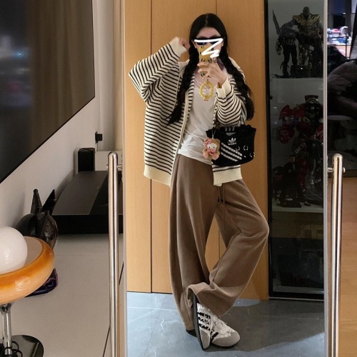 Hooded striped sweater jacket for women in autumn and winter chic lazy knitted cardigan top