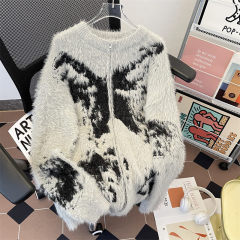 Autumn and winter retro lazy niche mink double layer jacquard zipper cardigan sweater