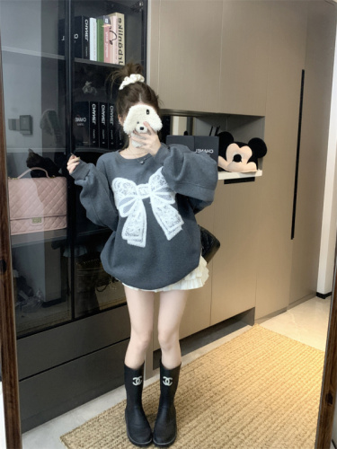 Gray round neck bow pattern sweatshirt for women new winter loose top trendy