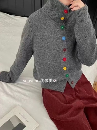 Lazy style high collar rainbow button long sleeve knitted sweater for women new winter design loose thickened warm top
