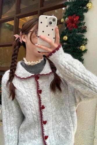 Gentle style love button warm sweater jacket women's autumn and winter thickened twist knitted sweater cardigan