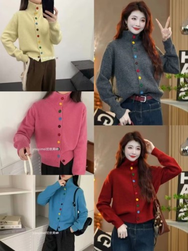 Lazy style high collar rainbow button long sleeve knitted sweater for women new winter design loose thickened warm top