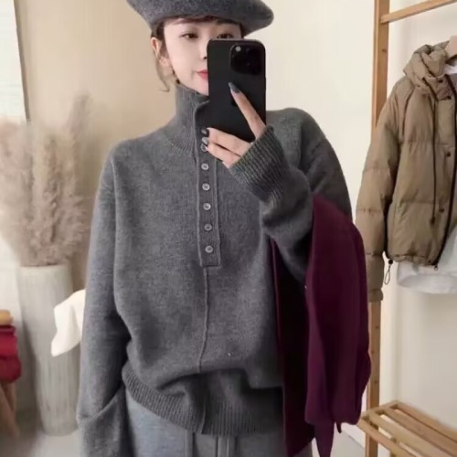 Korean simple and gentle style half-open button sweater for women in autumn and winter new solid color inner wear long-sleeved sweater