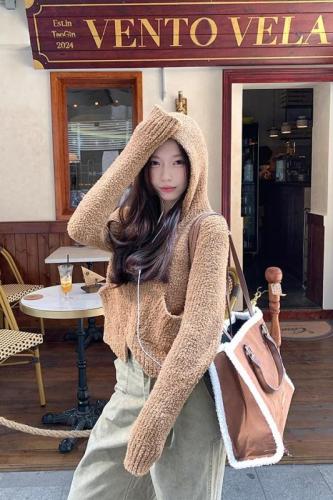 Lazy sweater Teddy velvet hooded double zipper knitted cardigan jacket