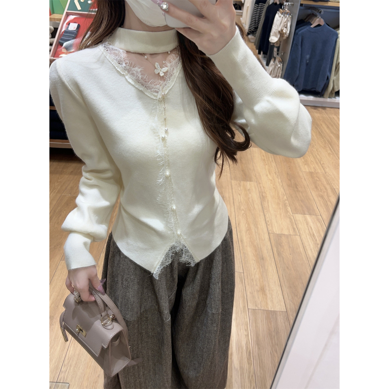 Autumn and winter Korean style halter neck hollow lace splicing gentle bottoming sweater Andy velvet sweater for women