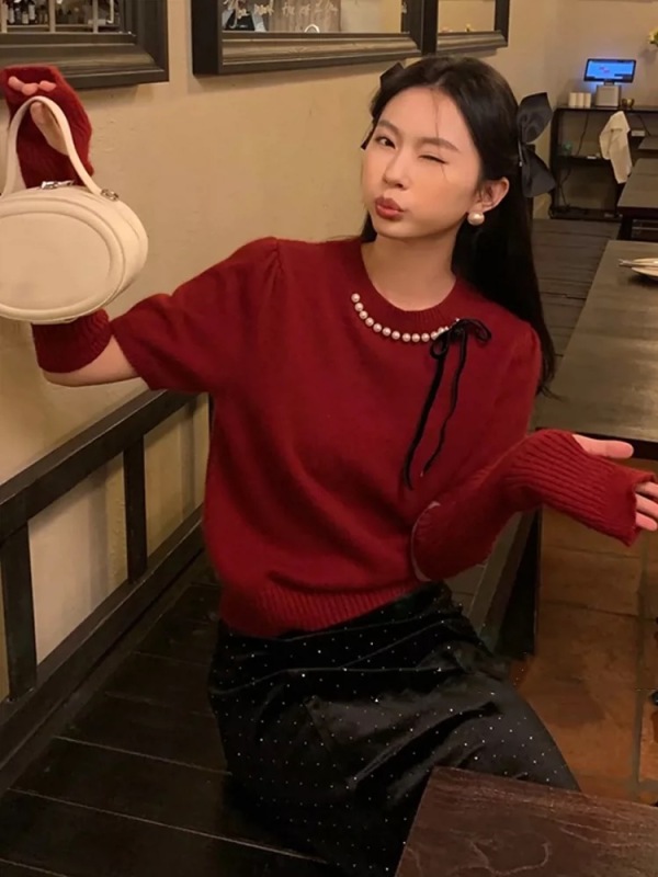 Korean style casual pullover sweater new contrast color bow knitted fabric regular round neck top