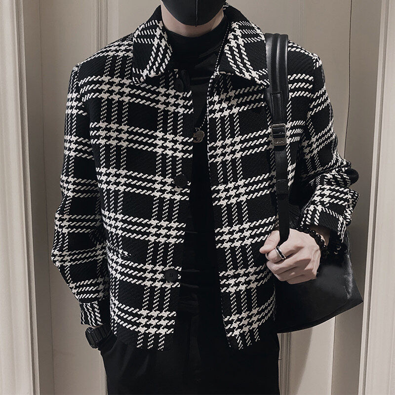 Autumn social boy black and white contrasting plaid jacket coat male black head 2