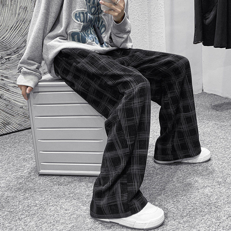 Corduroy plaid floor-length casual straight pants