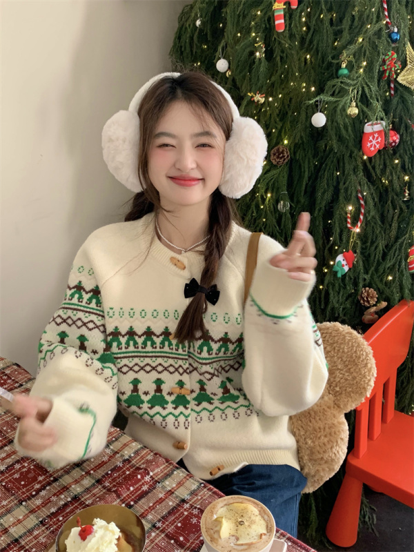 New Korean style sweet Fair Isle contrasting jacquard horn button design thickened knitted cardigan