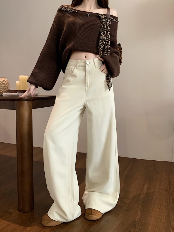 White American Retro Washed Jeans Wide Leg Pants Women's Winter High Waisted Loose Draping Floor-Mopping Pants