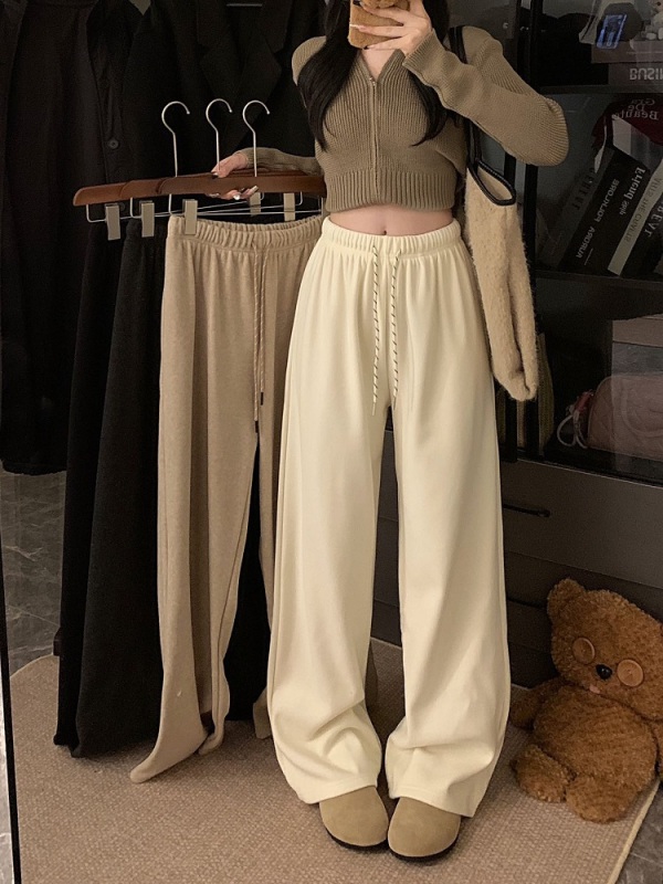 Lazy style loose cashmere glutinous rice pants winter elastic waist drawstring drape plus velvet wide leg pants floor mopping pants