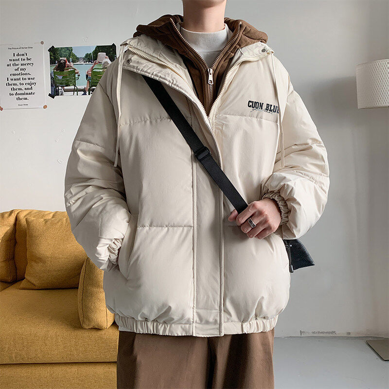 Winter Hong Kong style hooded cotton coat for men, thickened cotton bread coat, fake two-piece cotton coat for men