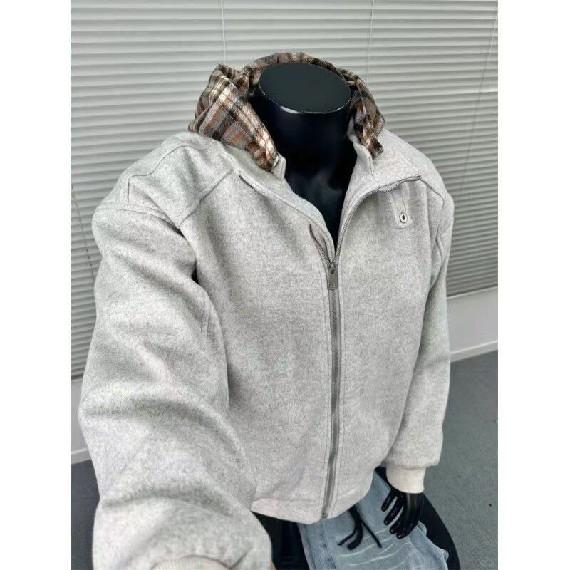 American retro niche cleanfit fake two-piece plaid hooded jacket