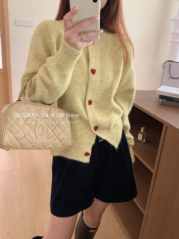 Korean style early autumn loose round neck contrasting love button design commuting slimming versatile sweater cardigan