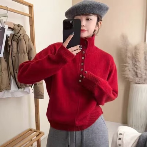 Korean simple and gentle style half-open button sweater for women in autumn and winter new solid color inner wear long-sleeved sweater