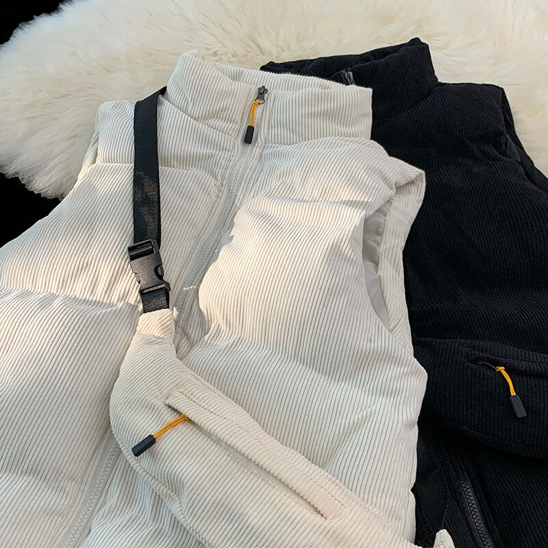Vest men's autumn and winter youth stand-up collar corduroy thickened warm vest jacket trendy backpack