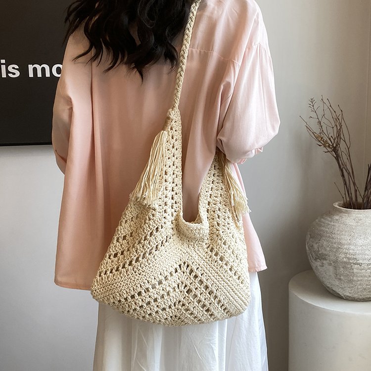 Lazy style bag for women 2024 summer new style knitted cotton beach vacation shoulder bag large capacity commuter tote bag