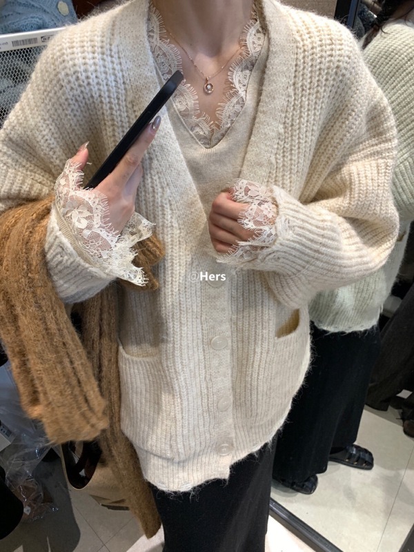 Alpaca quality! Loose large V-neck sweater, versatile casual drop sleeve knitted fabric jacket