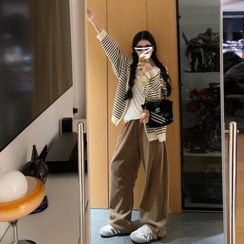 Hooded striped sweater jacket for women in autumn and winter chic lazy knitted cardigan top