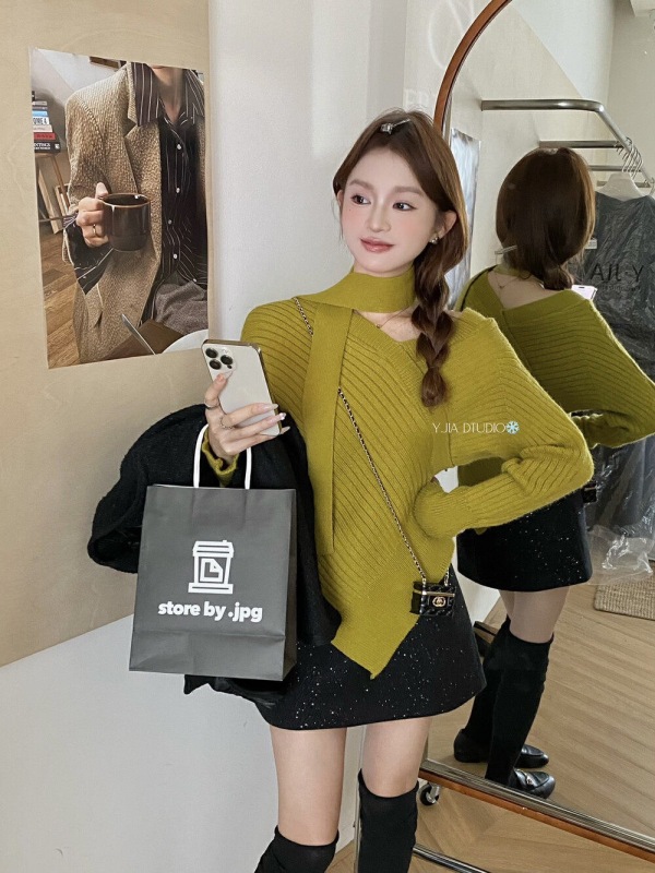 One-line collar off-shoulder irregular wool sweater for women winter thickened pure lust sweater with tie