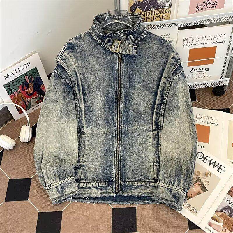 Unique design sense niche American high street handsome distressed autumn and winter denim jacket