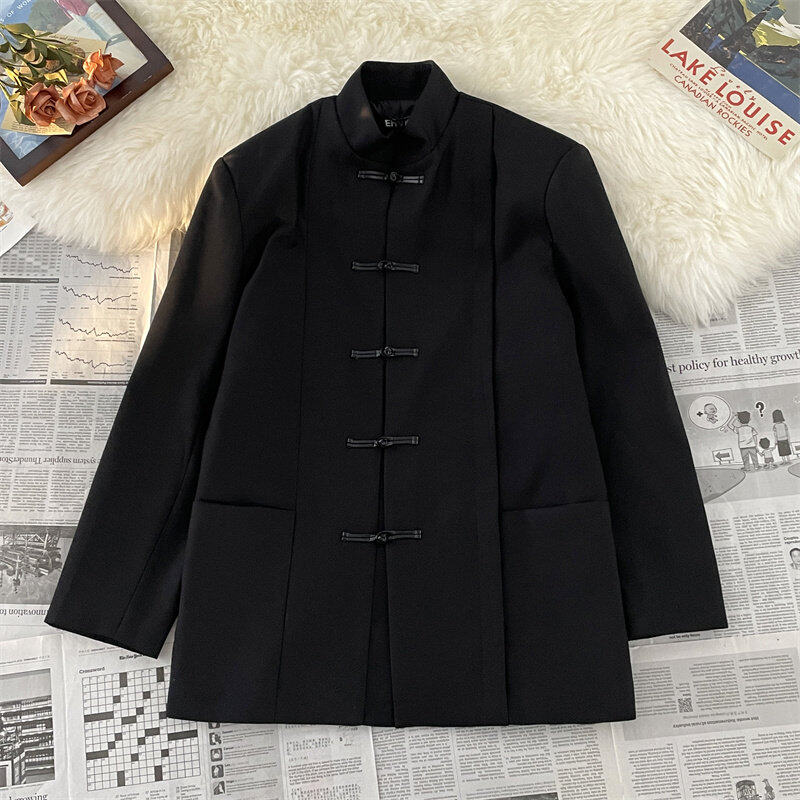 New Hong Kong-style Chinese-style shoulder pads and drapey stand-up collar plate-button Zhongshan Tang suit long-sleeved shirt