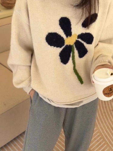 Lazy style ins Korean style loose floral knitwear super nice pullover sweater design for women