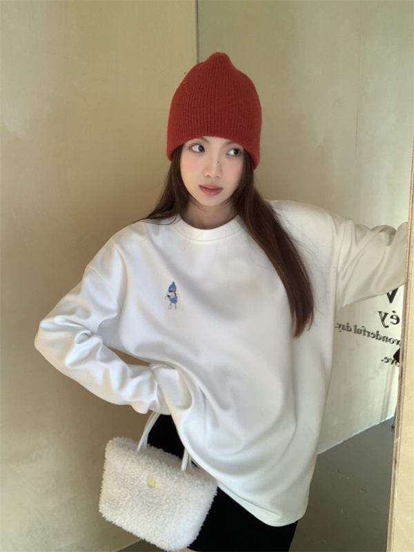 Skin-friendly fleece inner layering shirt, cute embroidered dog pattern loose t-shirt plus fleece shirt for women