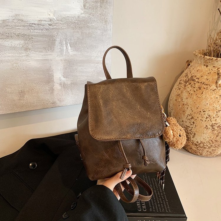 Xiaohongshu's same style compact retro American brown backpack new ins simple and versatile shoulder bag