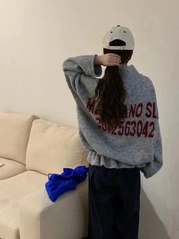 Maillard Letter Contrast Design Drawstring Sweater Women's Autumn and Winter Retro Half-Zip Stand Collar Fabric Top