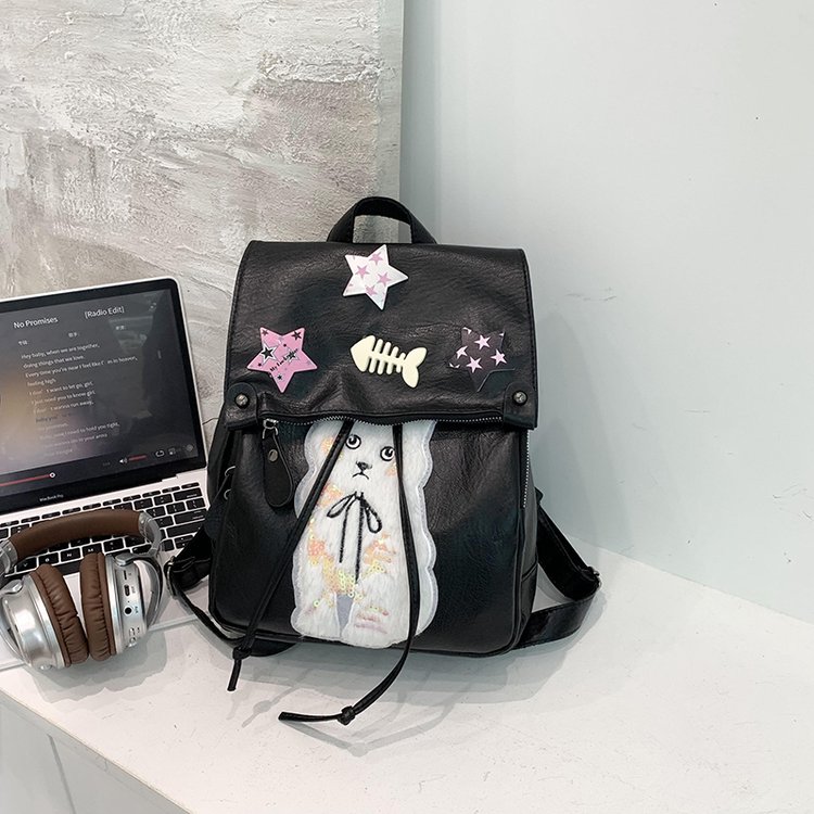 New Original Kitten Star Soft Leather Large Capacity Bag Y2K Millennium Casual College Style Personalized Hot Girl Backpack