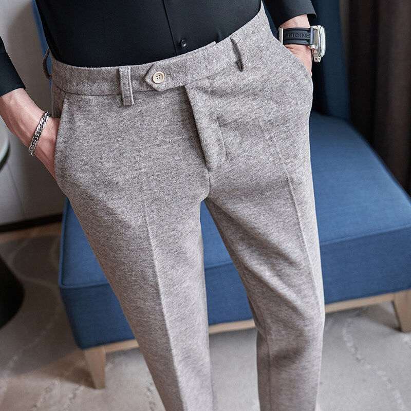High quality wool-containing brushed thickened fabric business slim casual men's trousers