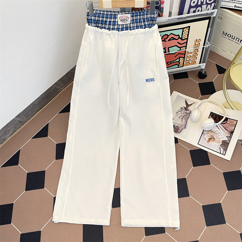 New Hong Kong style American vibe trendy brand fake two piece plaid wide leg casual pants for men
