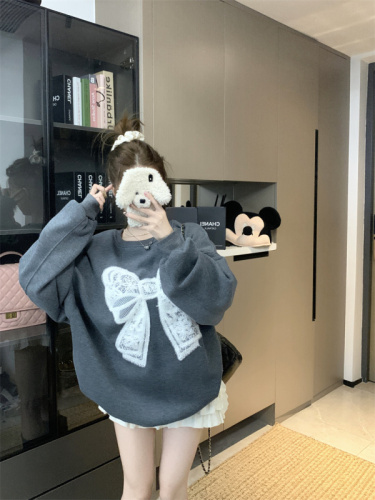 Gray round neck bow pattern sweatshirt for women new winter loose top trendy
