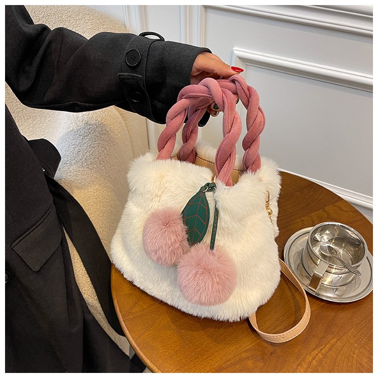 New winter plush fashion girl cherry fur bag chain diagonal bucket bag hand-held fashion bag