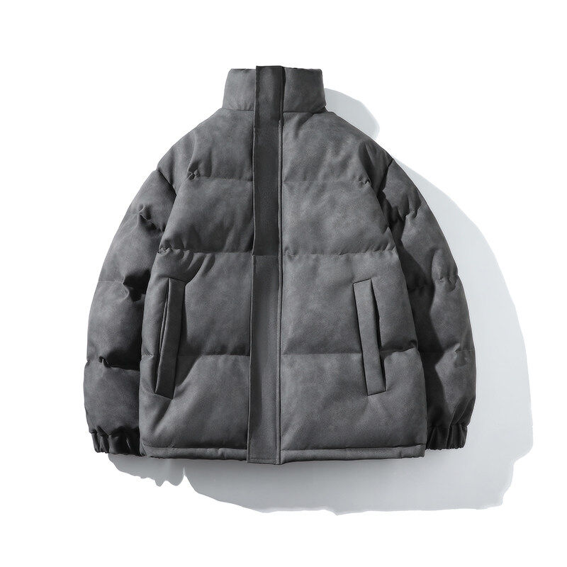 Hong Kong style winter new cotton coat men's American loose PU leather stand-up collar bread coat large size coat for men