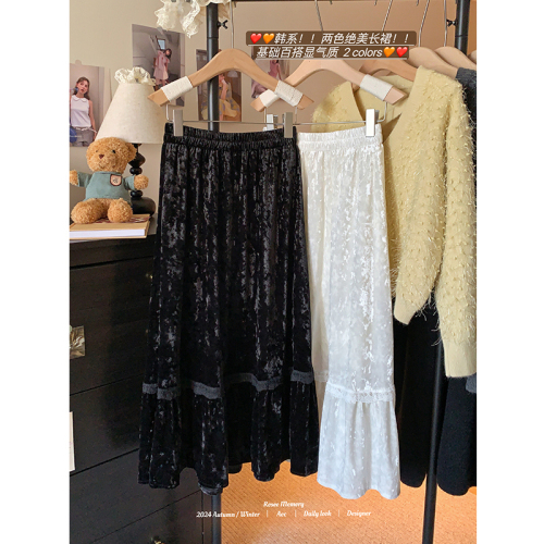 Winter thick soft velvet skirt sweet long skirt elastic waist lace skirt