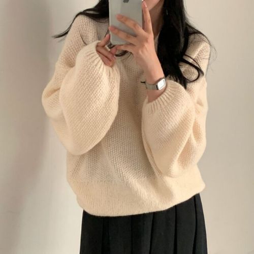 Large size Korean chic autumn and winter thick woolen lazy loose pullover V-neck solid color sand needle dark pattern knitted sweater