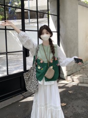 Handmade flower embroidery knitted vest for women color block sweater vest embroidered lace shirt