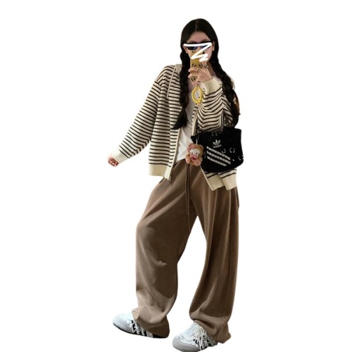 Hooded striped sweater jacket for women in autumn and winter chic lazy knitted cardigan top